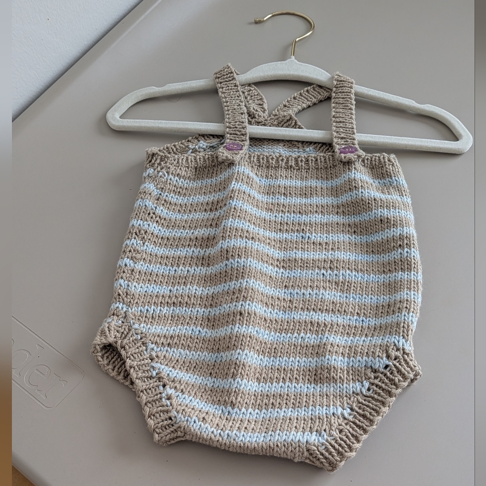 0-3M - Hand Made -  Striped Knit Baby Romper in Beige and Cream -